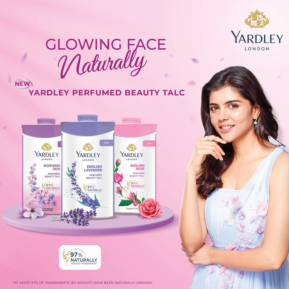 Yardley Rosa Inglesa Talco, frasco original que captura la fragancia clásica.