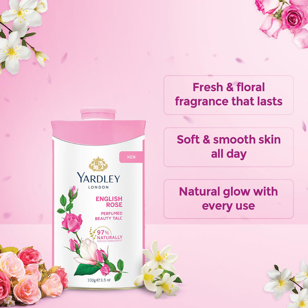 Yardley Rosa Inglesa Talco, perfuma la piel sin sensación grasa.