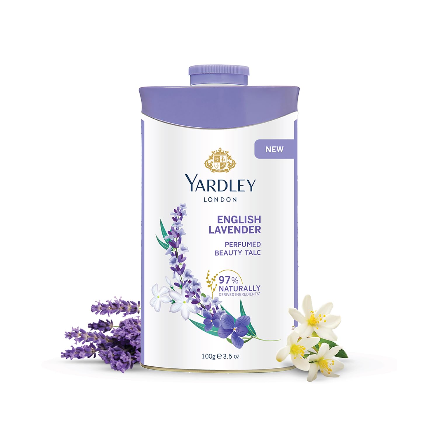Yardley Lavanda talco en envase elegante para perfumar la piel.