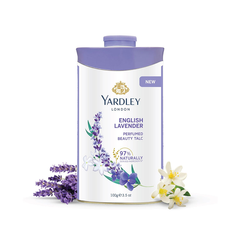 Yardley Lavanda talco en envase elegante para perfumar la piel.