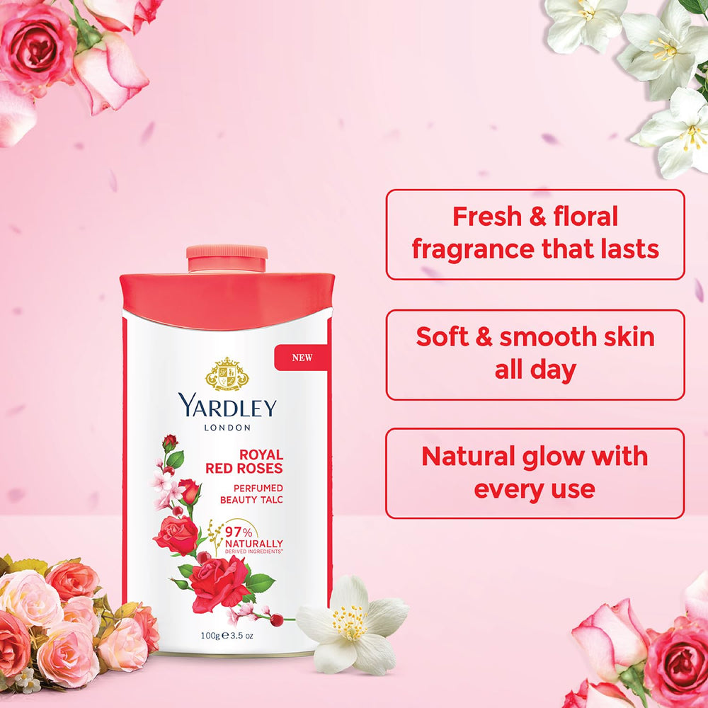 Yardley Talco Rosa Roja, aroma de rosas persistente tras la aplicación