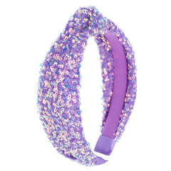 Diadema YARIEW con nudo y lentejuelas púrpuras en primer plano, opción elegante.