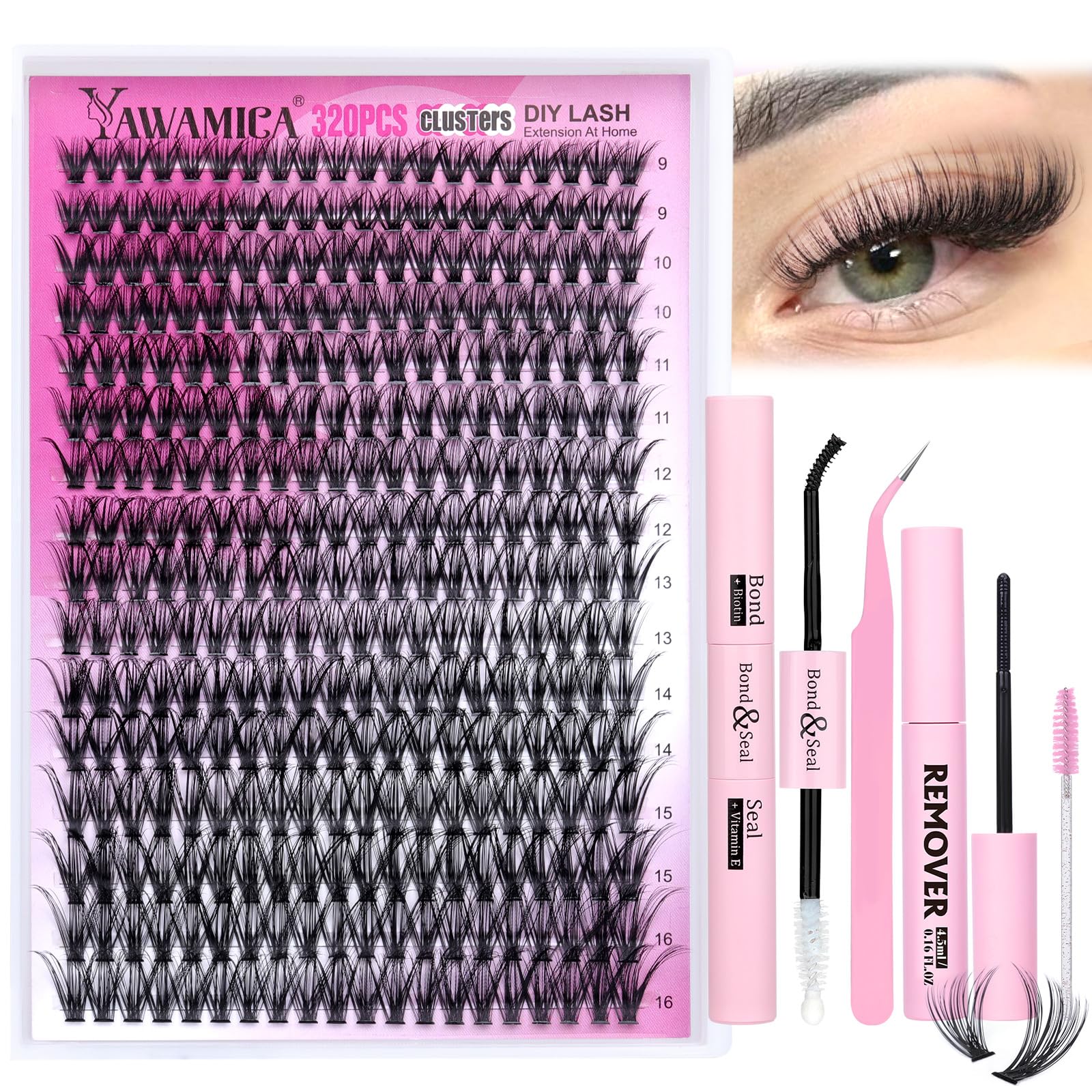 Yawamica kit de clústeres de pestañas 320 piezas para look de salón en casa