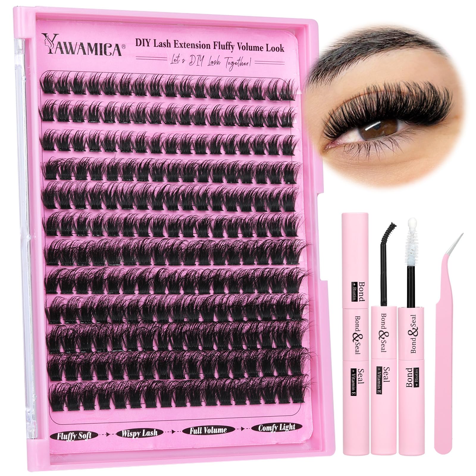 Pestañas esponjosas Yawamica en kit para un look de volumen suave.