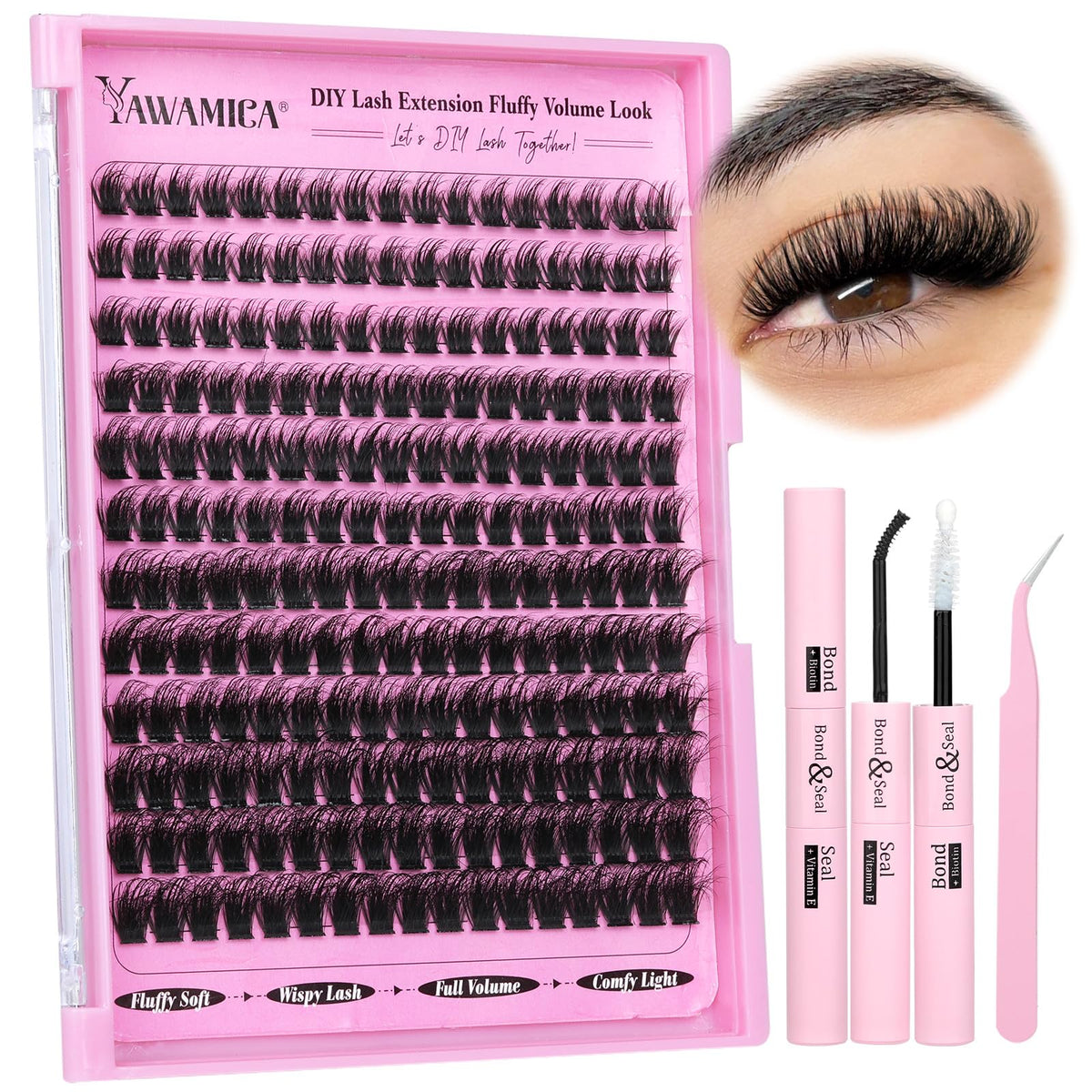 Pestañas esponjosas Yawamica en kit para un look de volumen suave.