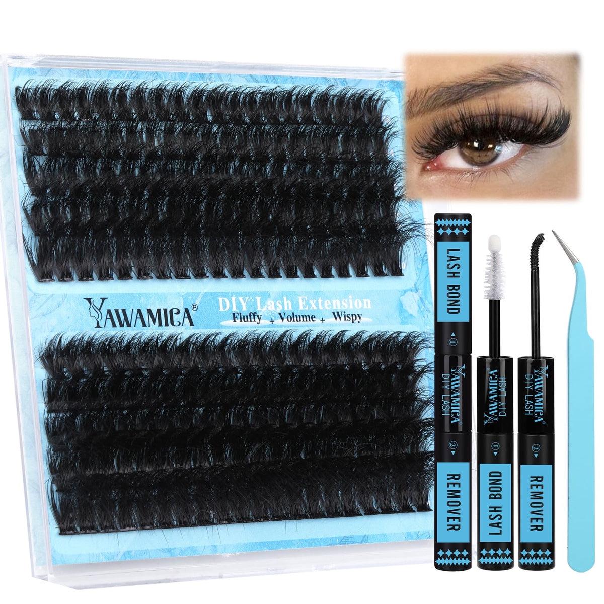 Pestañas Yawamica 12–20 mm para aplicación en casa, look personalizado.