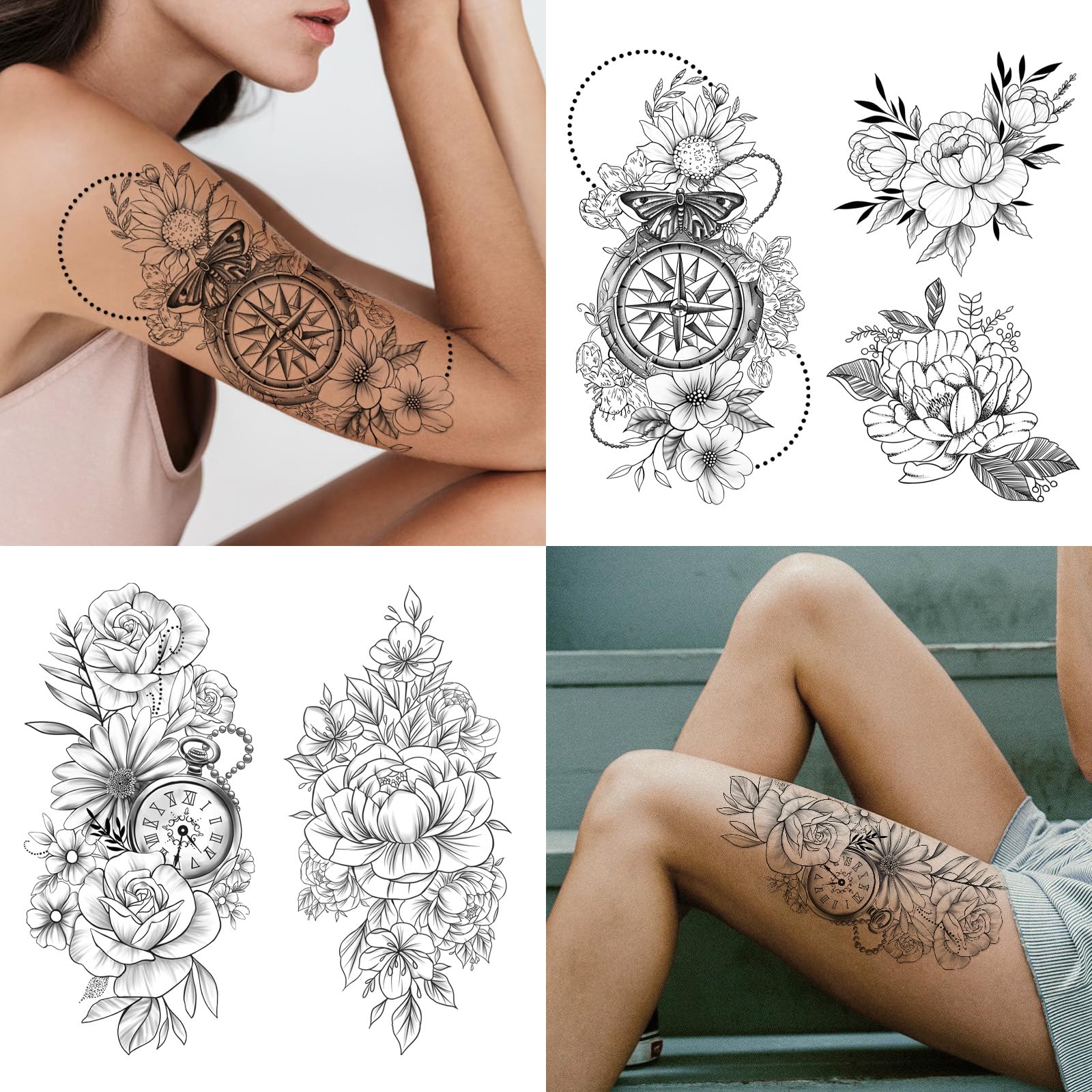 Tatuaje temporal Yazhiji en pecho con flor detallada y realista.