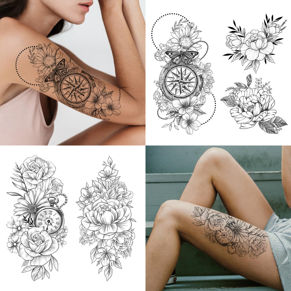 Tatuaje temporal Yazhiji en pecho con flor detallada y realista.