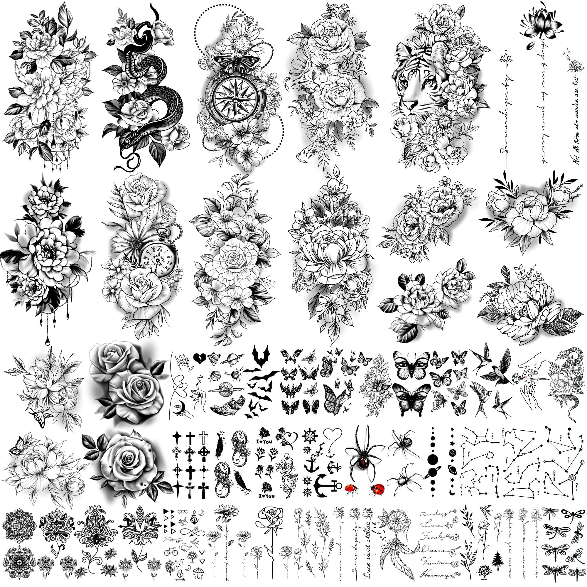 Yazhiji flores grandes: tatuaje temporal de cobertura amplia para brazos y espalda.