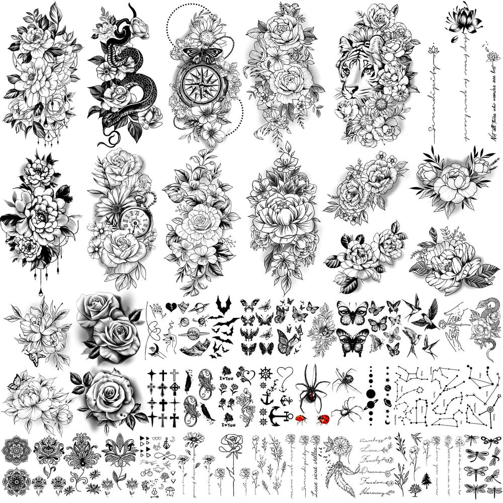 Yazhiji flores grandes: tatuaje temporal de cobertura amplia para brazos y espalda.