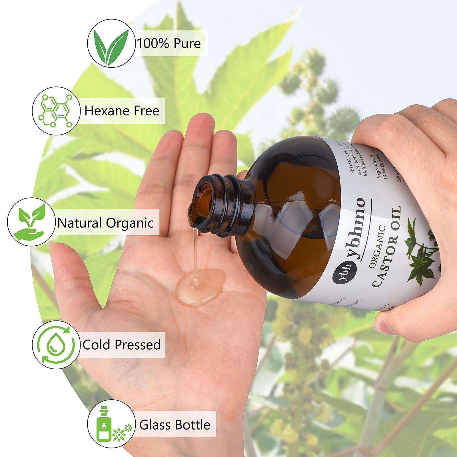 YBHMO cabello y pestañas fortalecidos con aceite de ricino prensado.