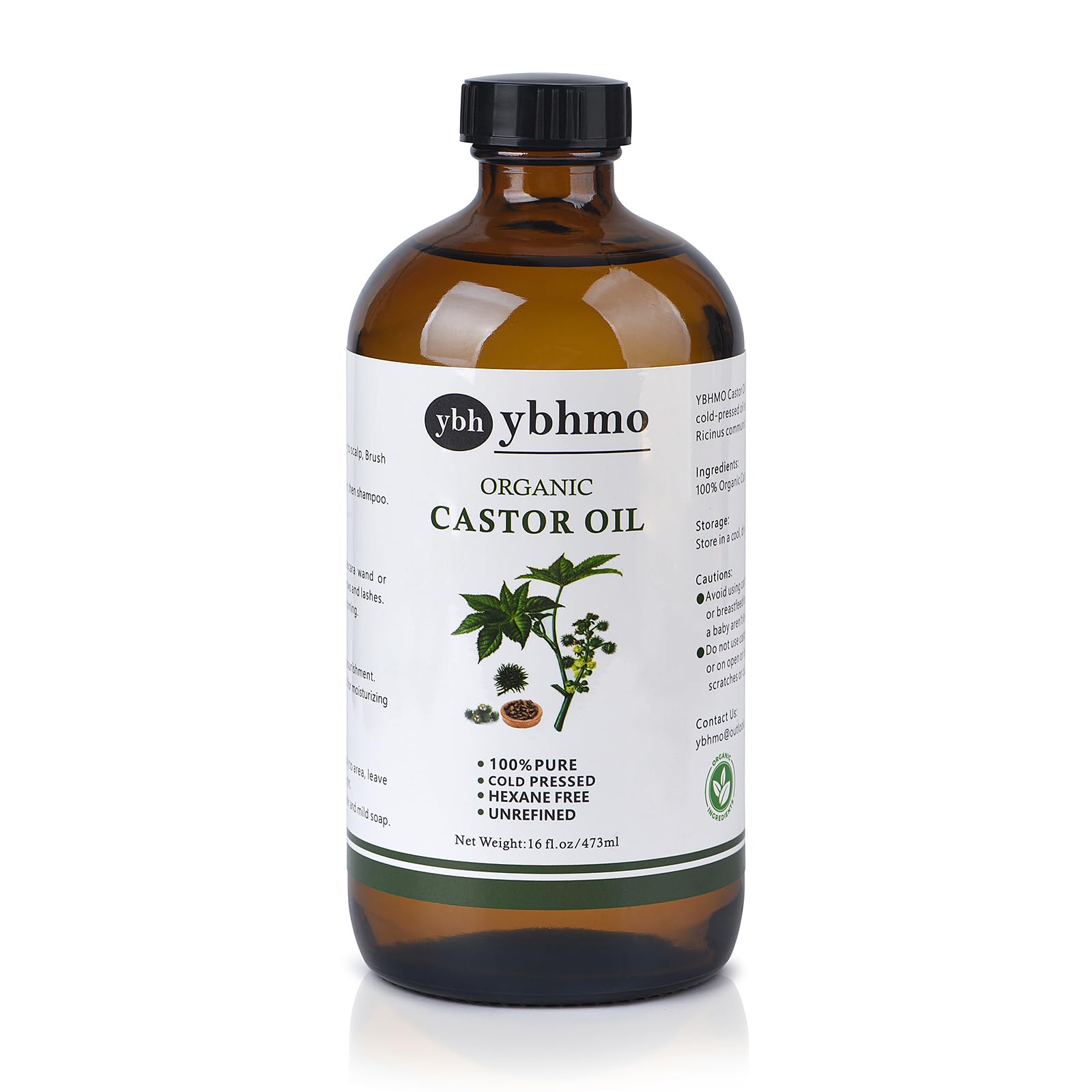 YBHMO aceite ricino prensado en frasco de vidrio ámbar para seguridad y pureza.