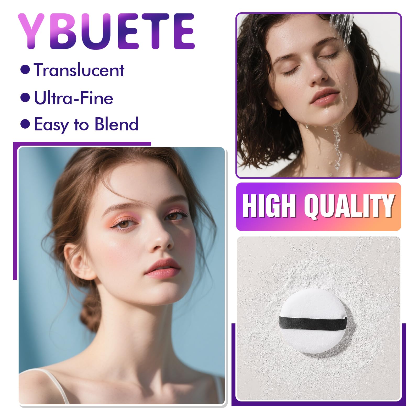 YBUETE polvo translúcido sin talco, textura ligera que difumina imperfecciones.