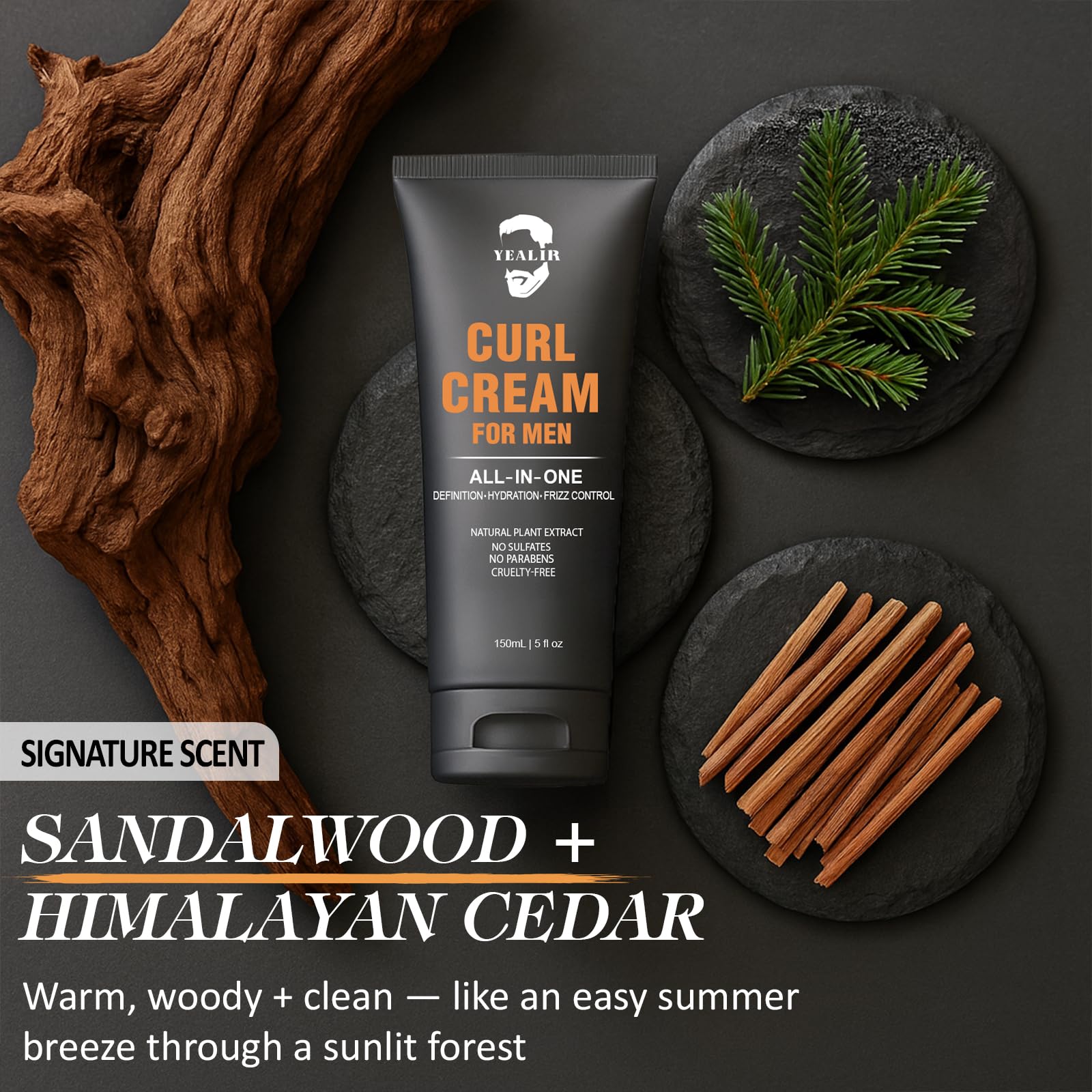 YEALIR crema rizos hombre: aroma de madera suave para uso diario.
