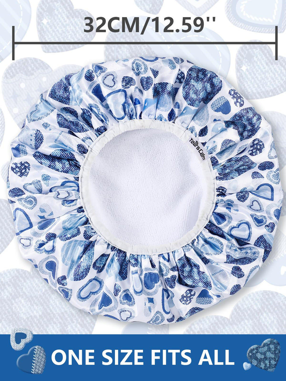 Gorro Years calm diseño denim con amor, ideal para estilo casual durante la ducha.