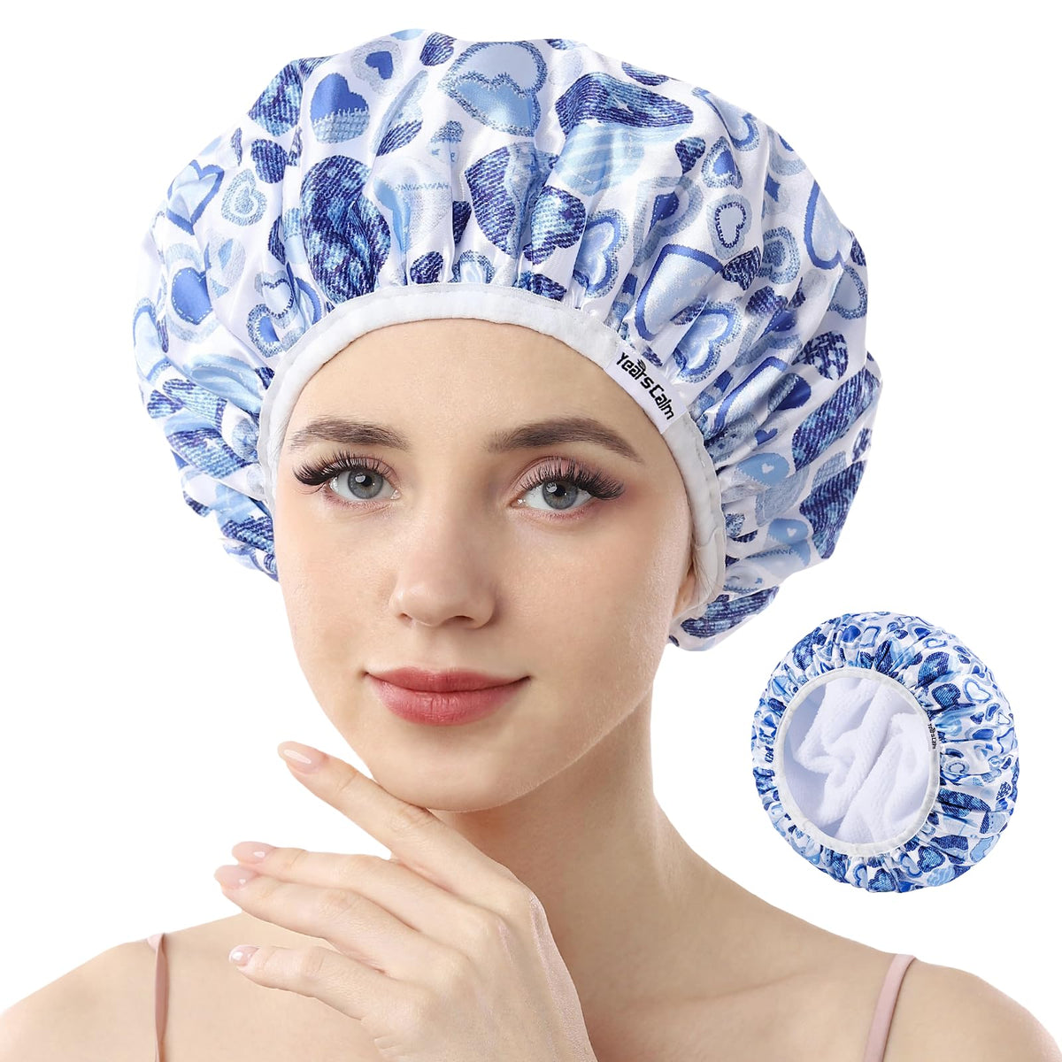 Gorro Years calm con forro terry y corazones azules, absorbe agua y previene el encrespamiento.