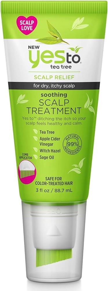Yes To Tea Tree Scalp Treatment, bote y aplicador para aplicación precisa y limpieza del cuero cabelludo.