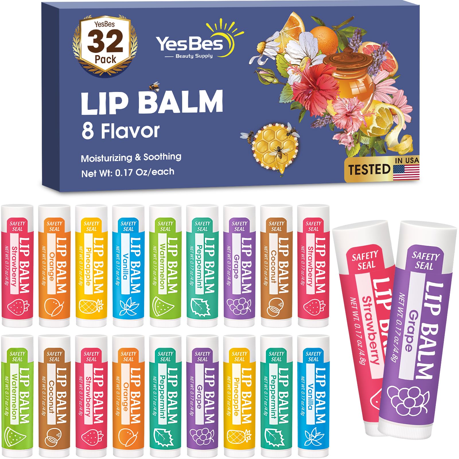 YesBes bálsamo labial 8 sabores para hidratación diaria.