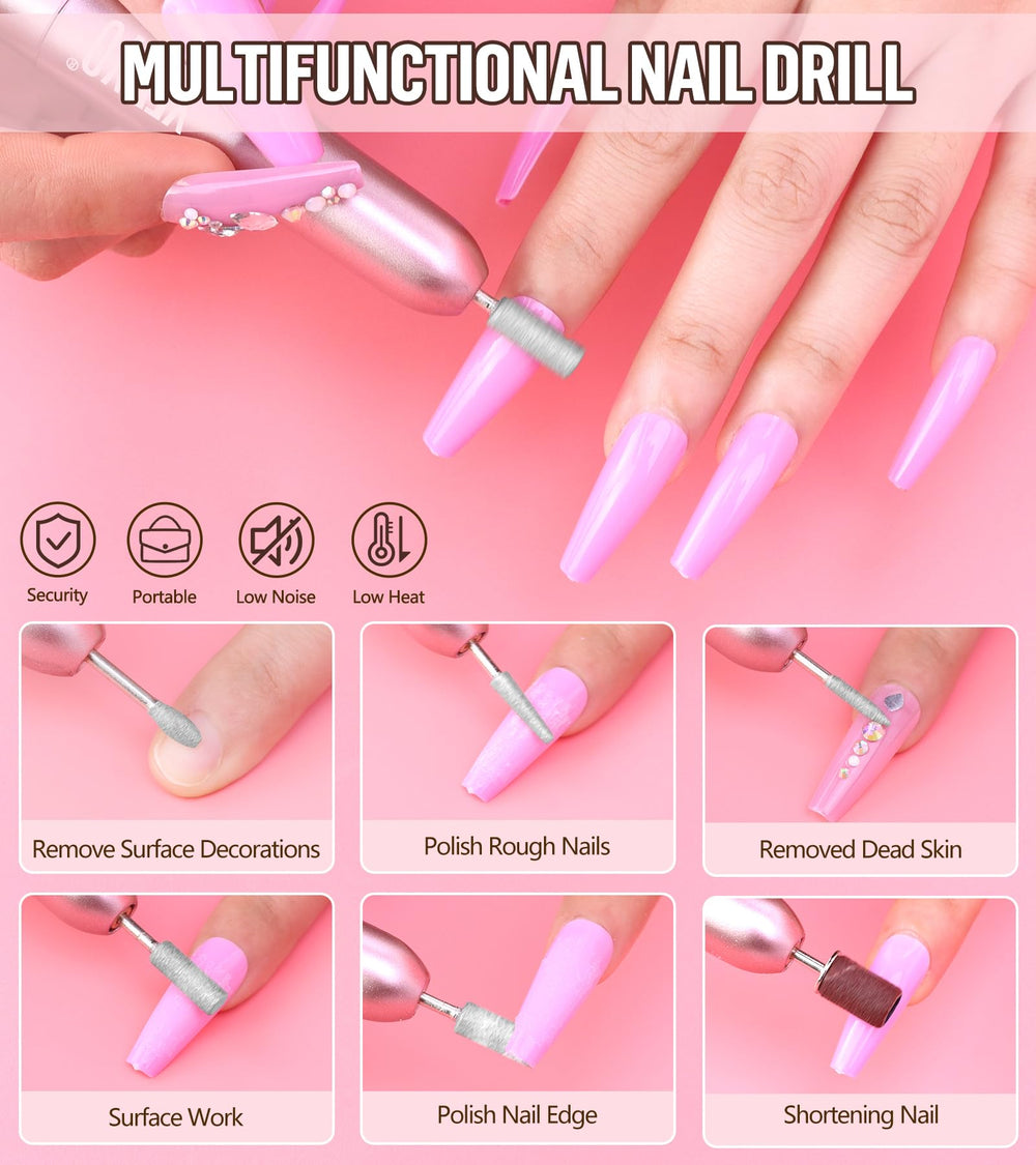 Taladro de uñas con seis brocas y bandas para acabado profesional.