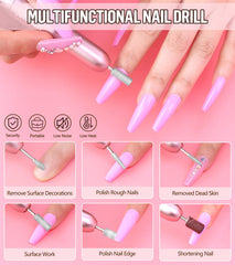 Taladro de uñas con seis brocas y bandas para acabado profesional.