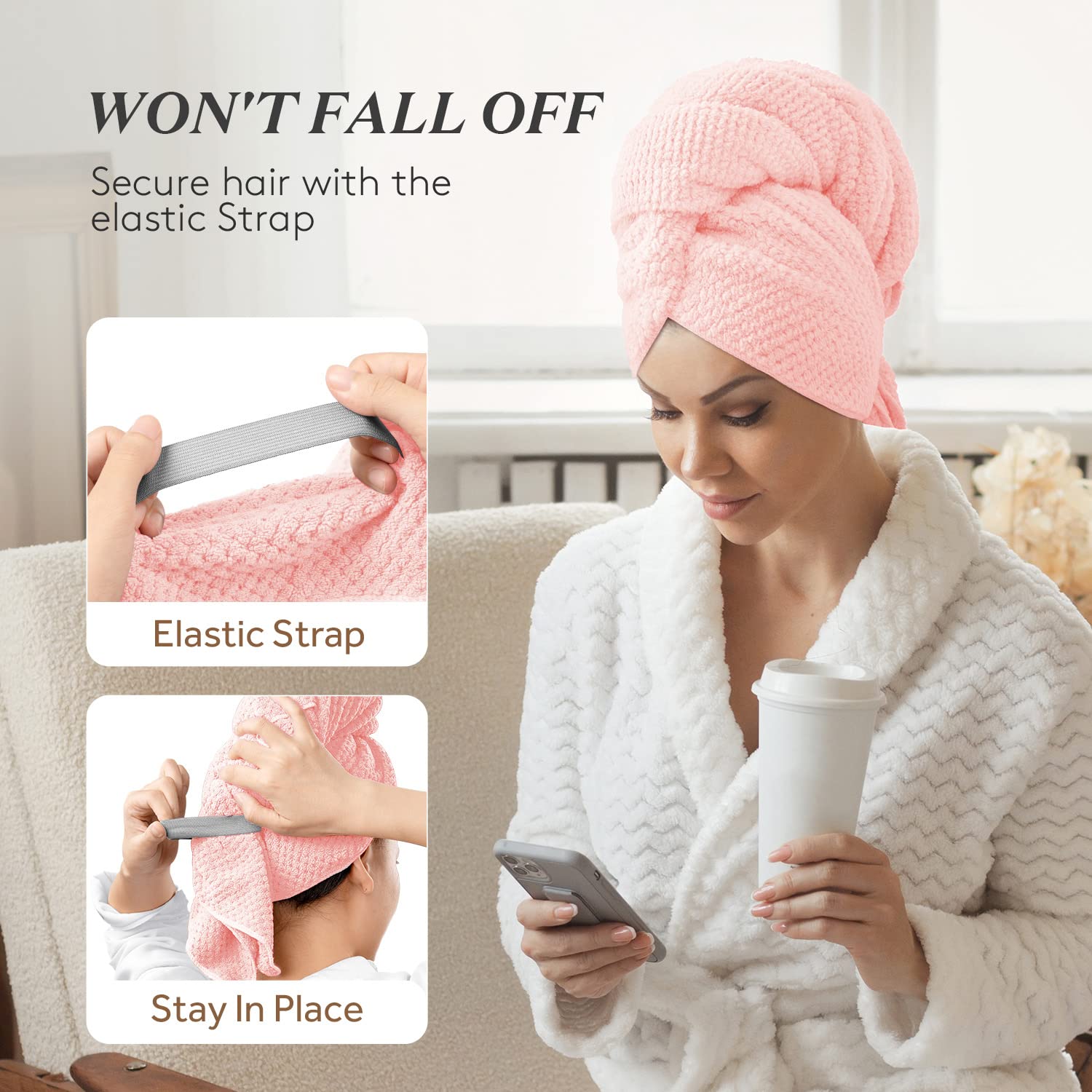 Detalle delástico del turbante YFONG en rosa.