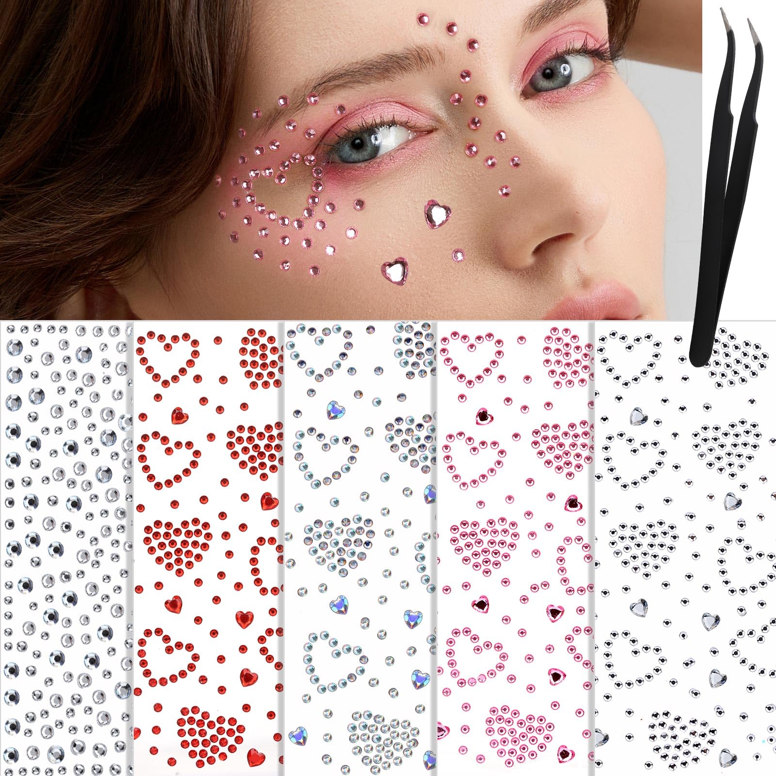 YGDZ joyas faciales corazones rosados, ideal para maquillaje y peinados con brillo.