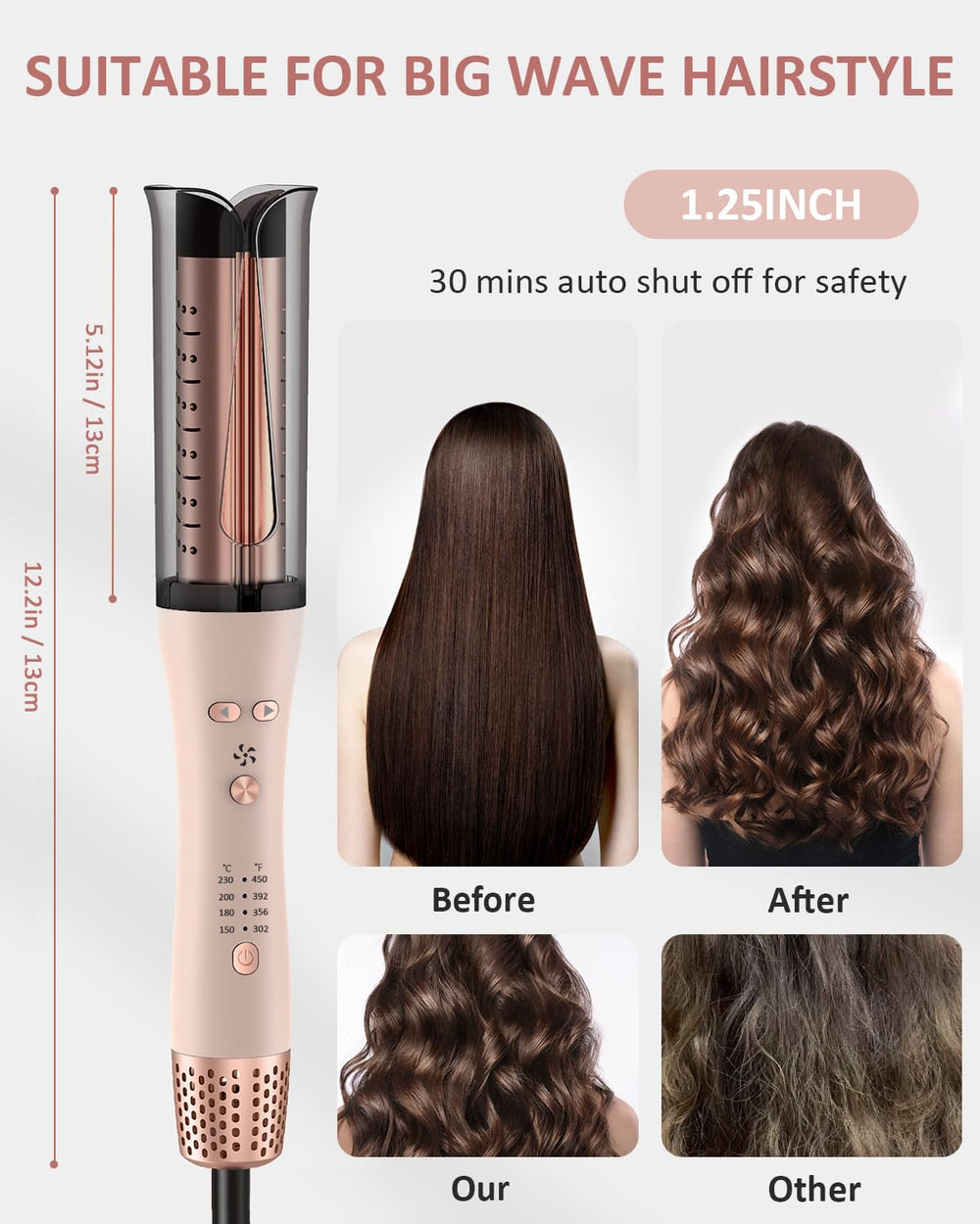YGOVVK rizador automatico ajustes 150-230°C para distintos tipos de cabello.