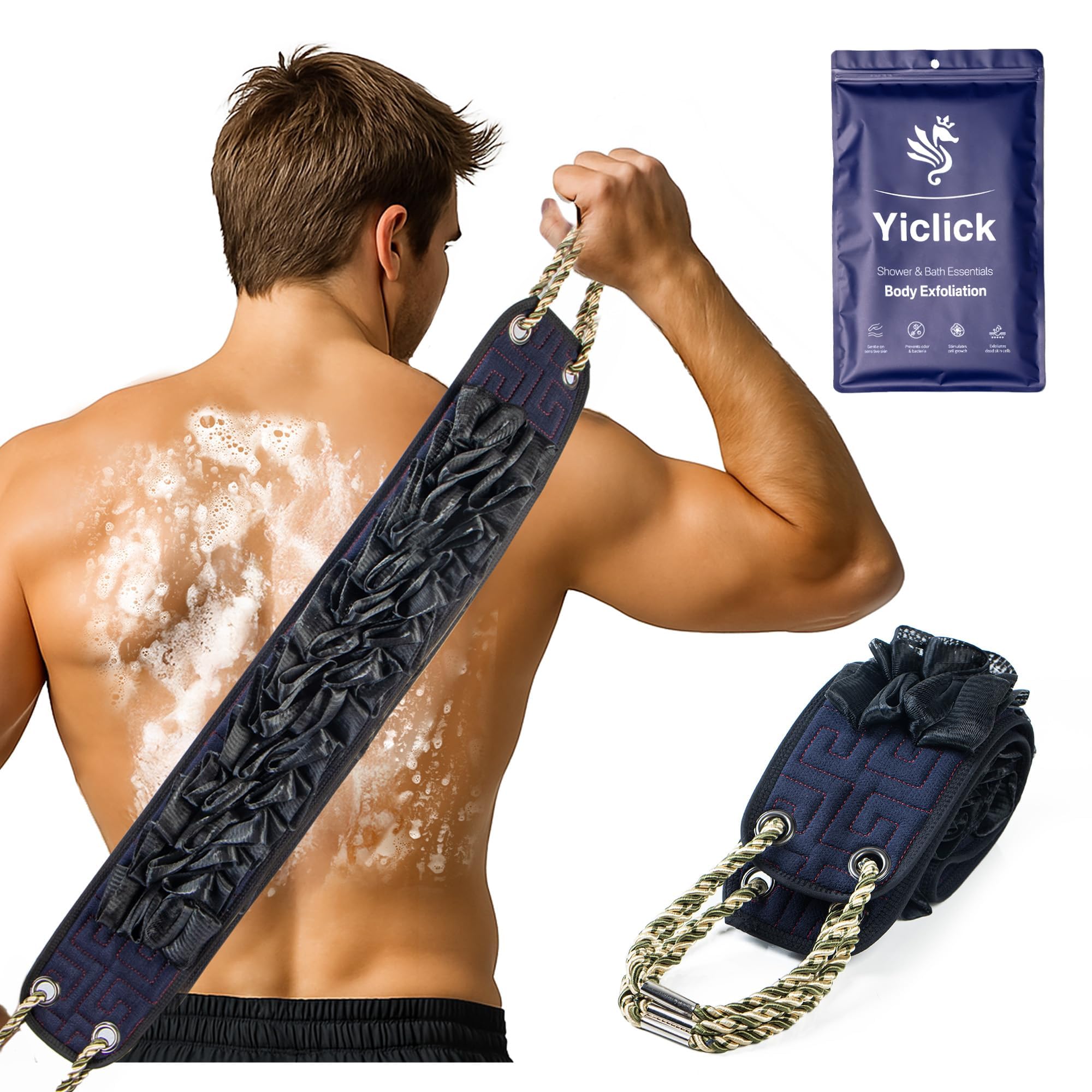 Yiclick exfoliante de espalda para ducha con mango, ideal para una limpieza suave diaria.