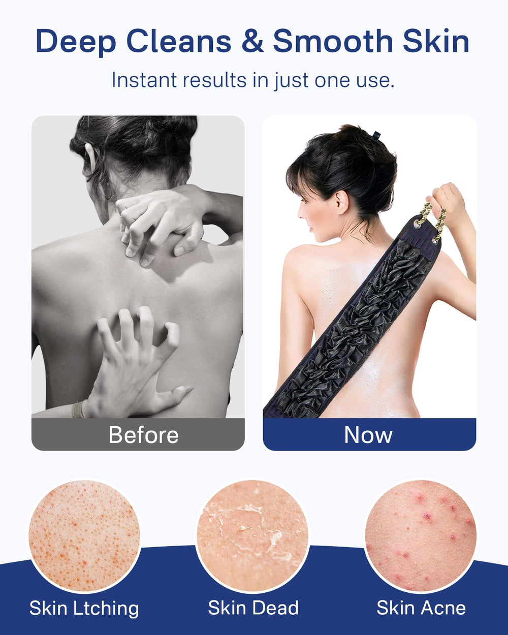 Yiclick toalla exfoliante azul con costuras rojas para un estilo elegante.