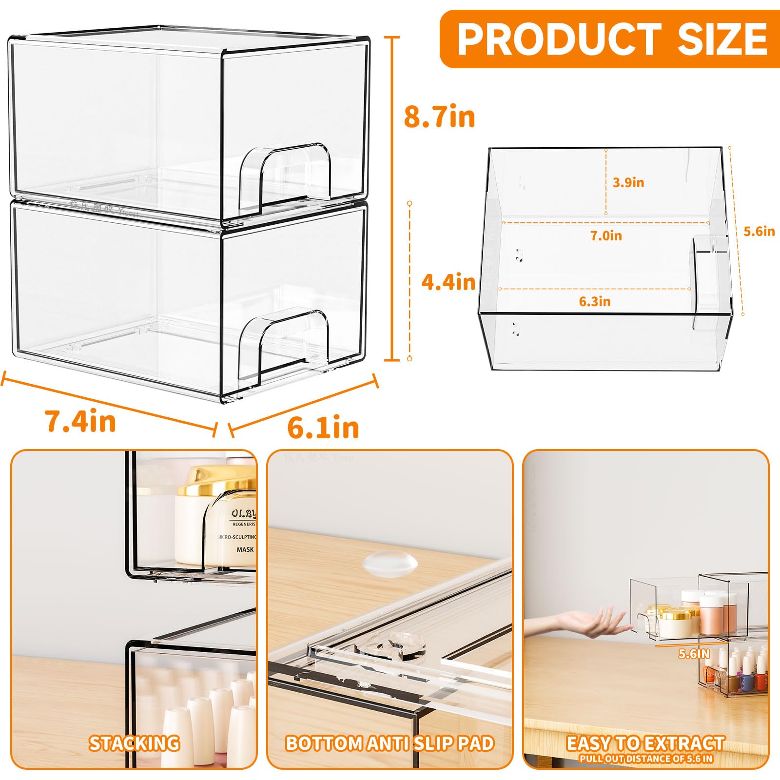 Estante de baño con cajones acrílicos para productos de cuidado personal.