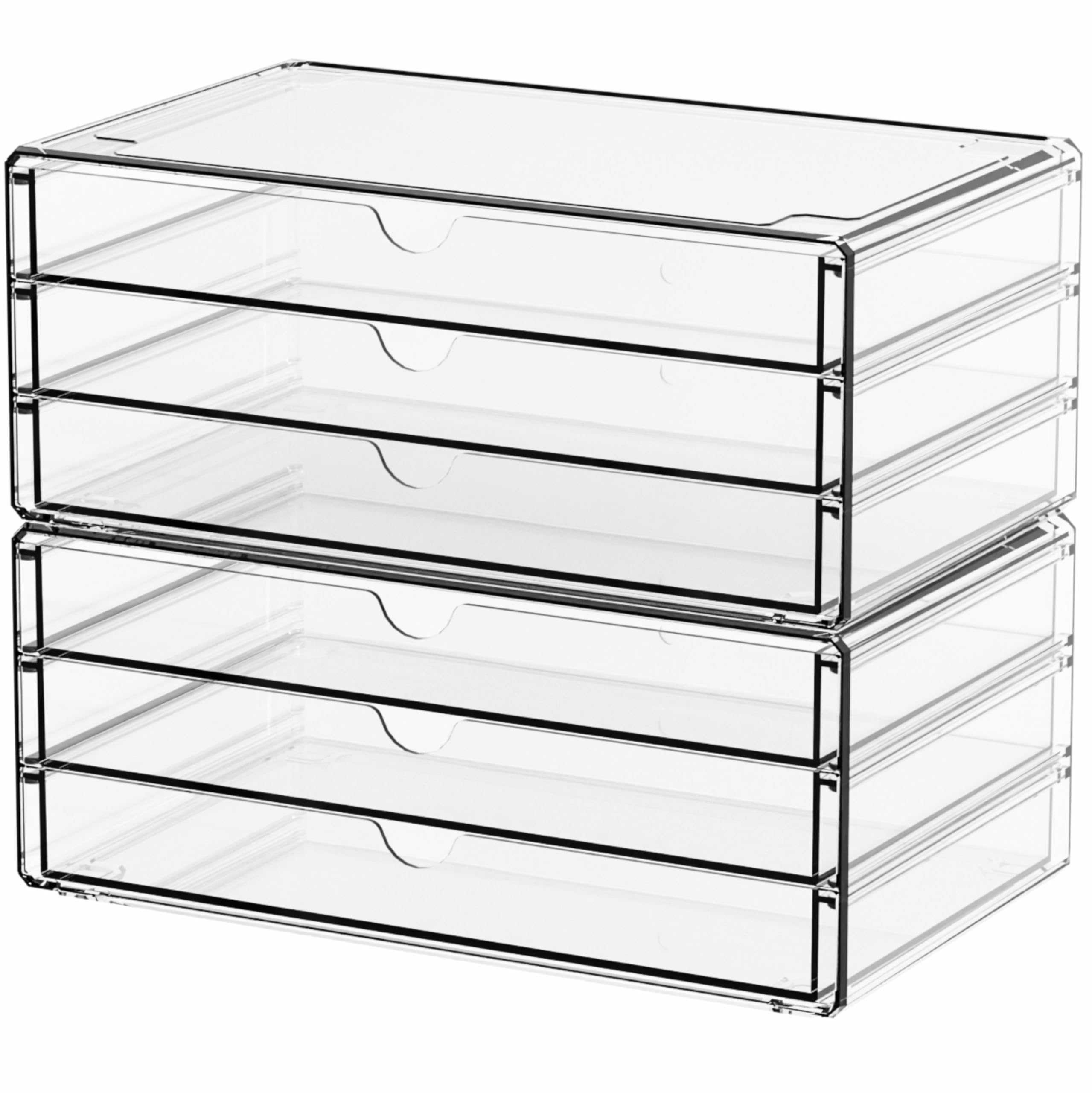 Yieach organizador acrílico de escritorio con seis cajones apilables para ordenar papelería.