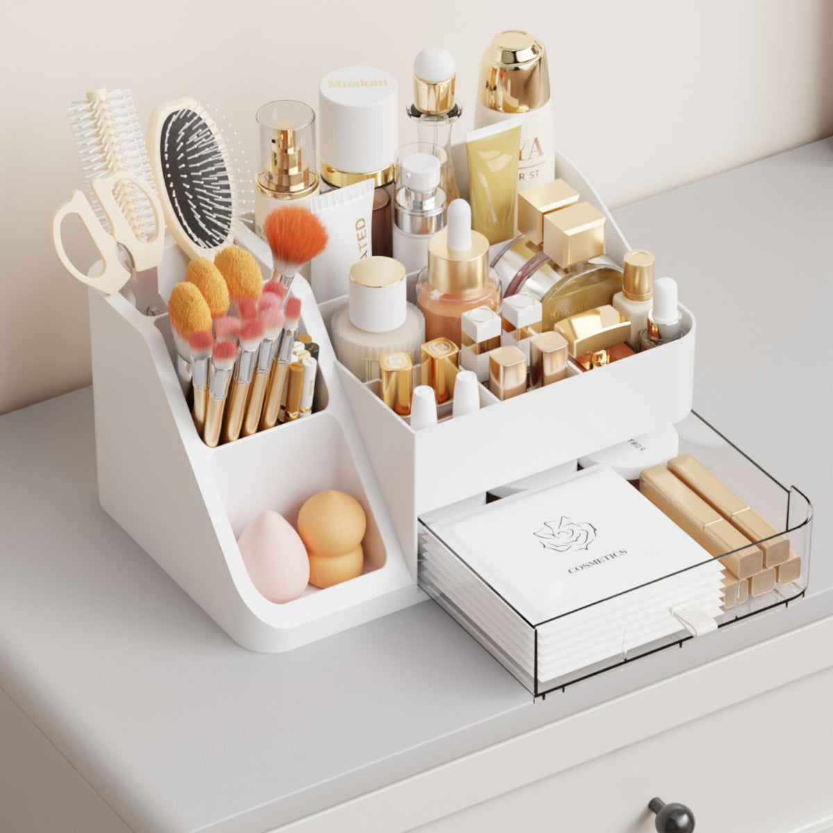 Yieach organizador de maquillaje blanco, vista frontal para acceso rápido