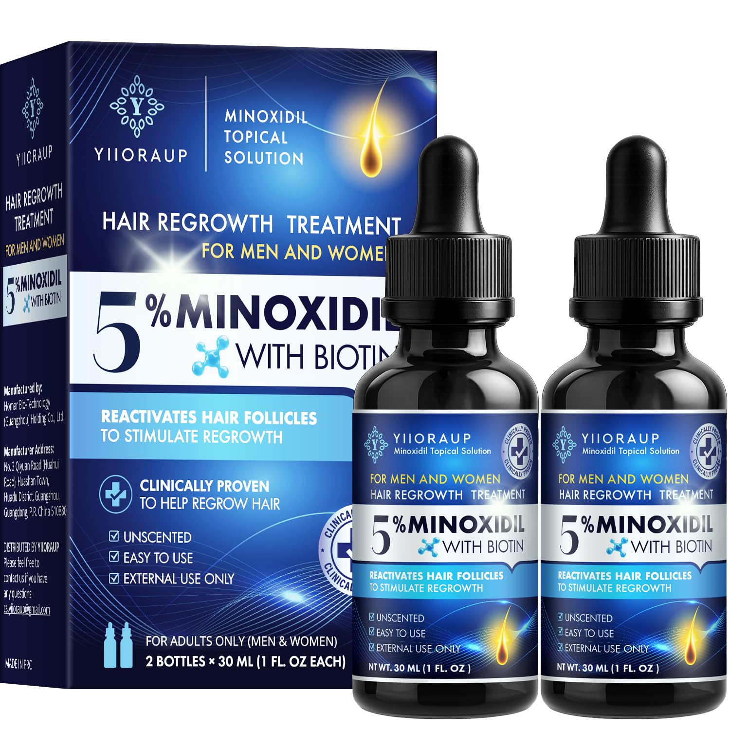 YIIORAUP 5% Minoxidil bottle pour showing precise daily dosing for consistent scalp application