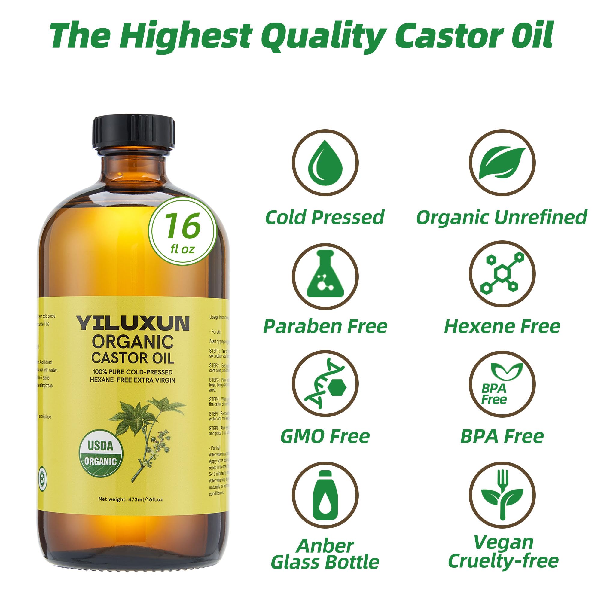 Frasco de aceite de ricino de YILUXUN prensado en frio 16oz con bomba para facilitar la dosificacion
