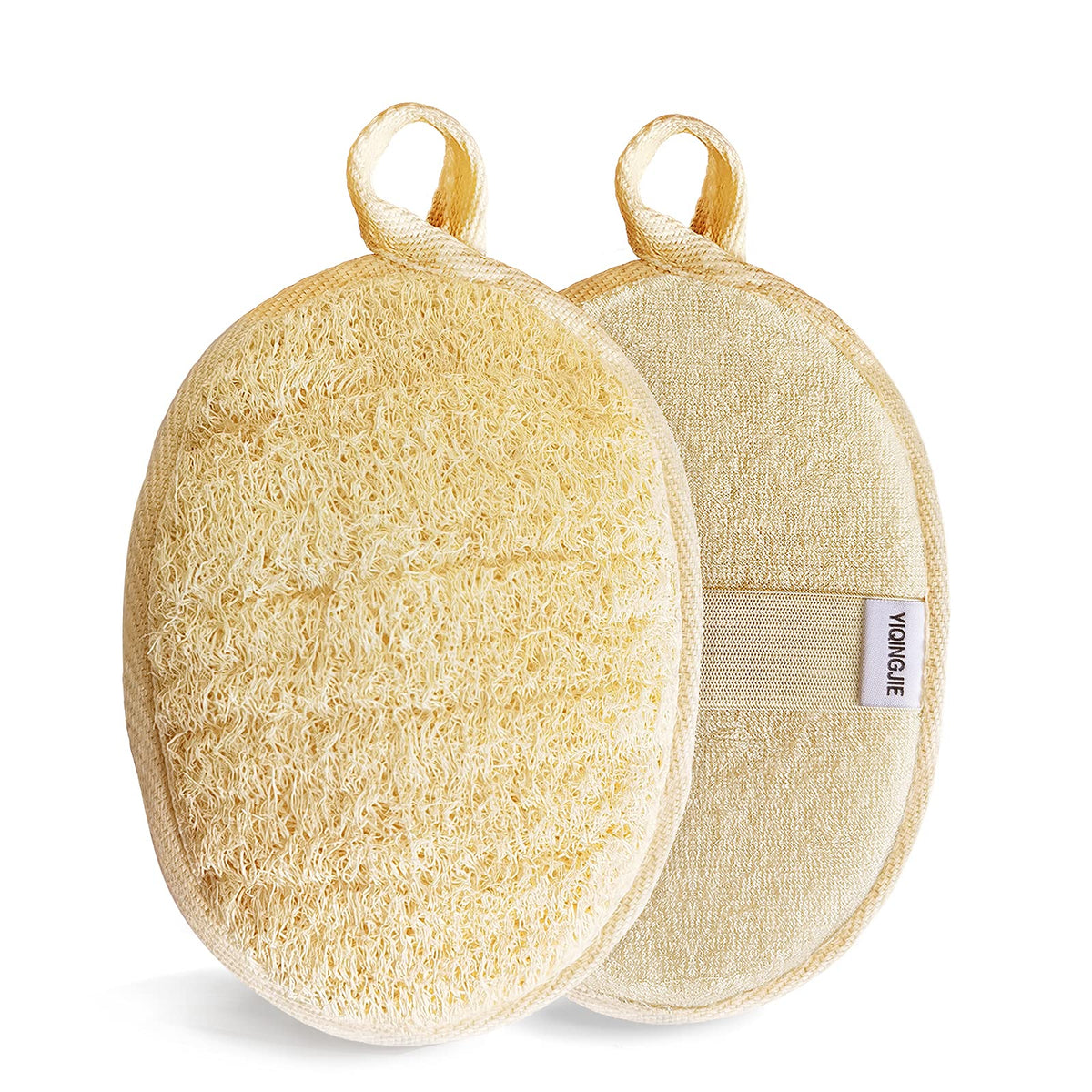 Esponja lufa YIQINGJIE en pack de dos para exfoliar suavemente en la ducha.