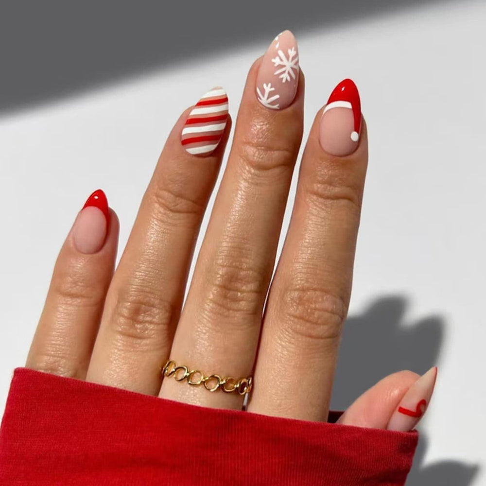 Uñas postizas YIYILEIC con diseño navideño en almendra, ideal para fiestas.