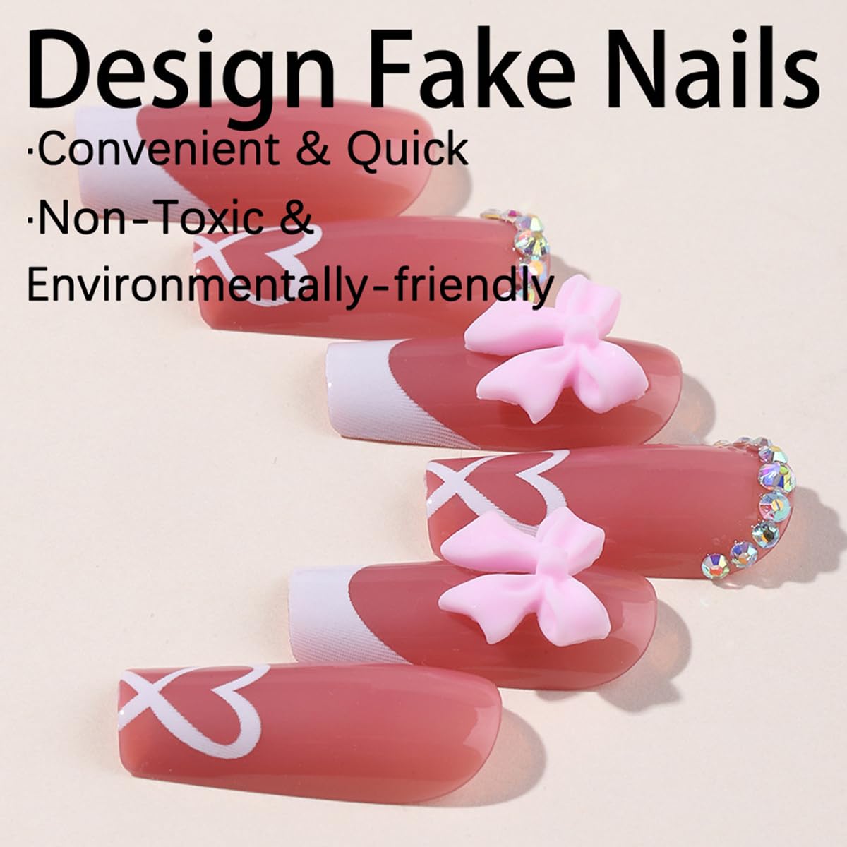 Uñas francesas con corazón y cristales de YKZFUI, brillo discreto.