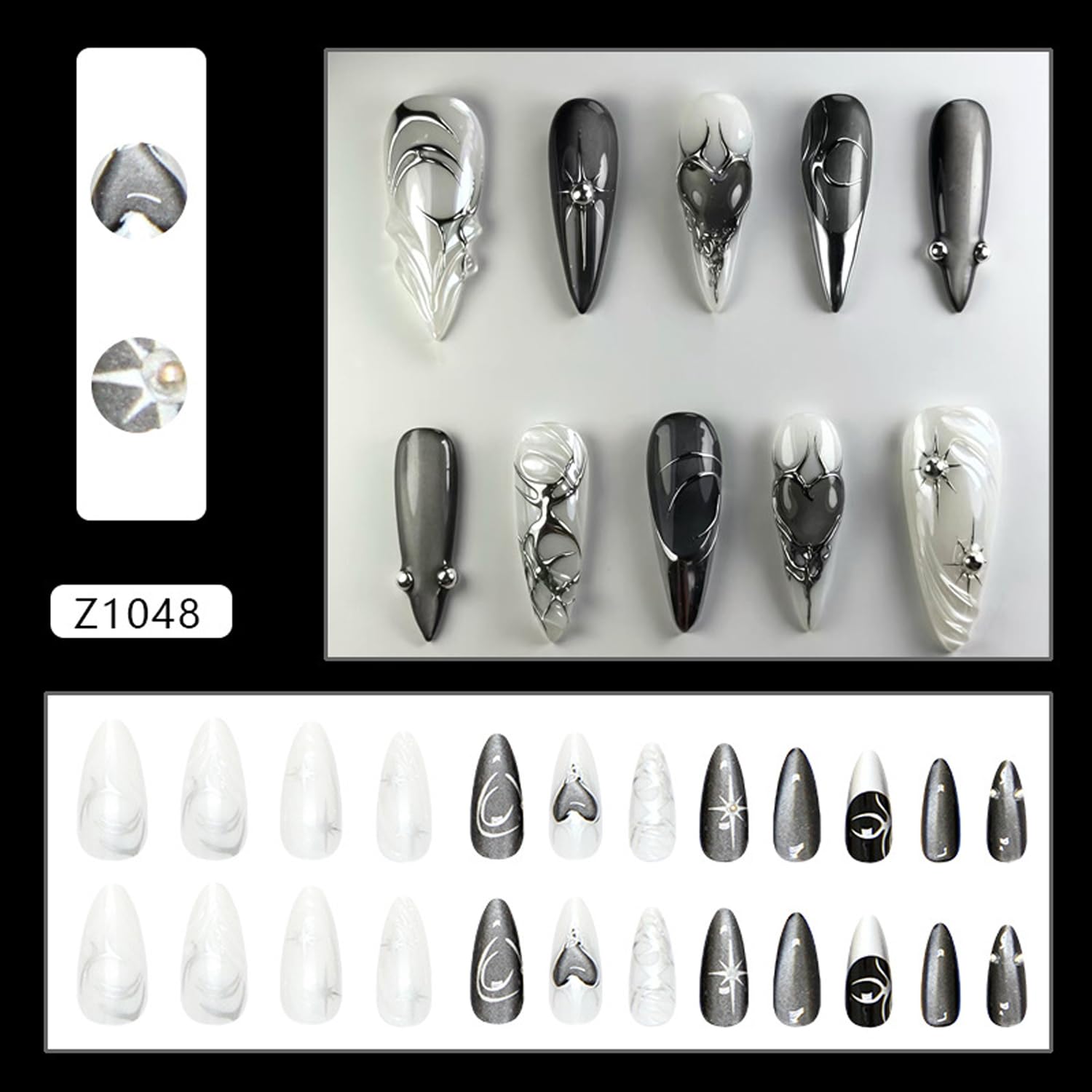 YKZFUI Unas postizas media almendra negro diseño 3D en uñas
