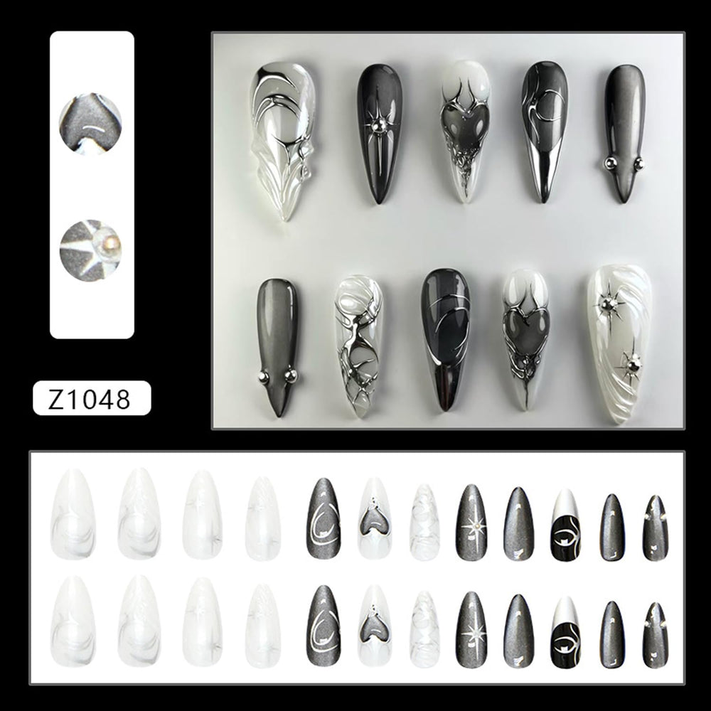 YKZFUI Unas postizas media almendra negro diseño 3D en uñas