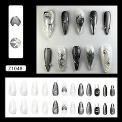 YKZFUI Unas postizas media almendra negro diseño 3D en uñas