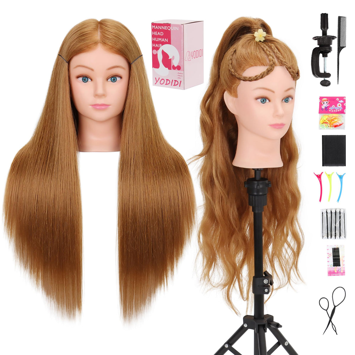 YODIDI Cabeza de maniquí con cabello humano 80% para practicar peinados realistas.