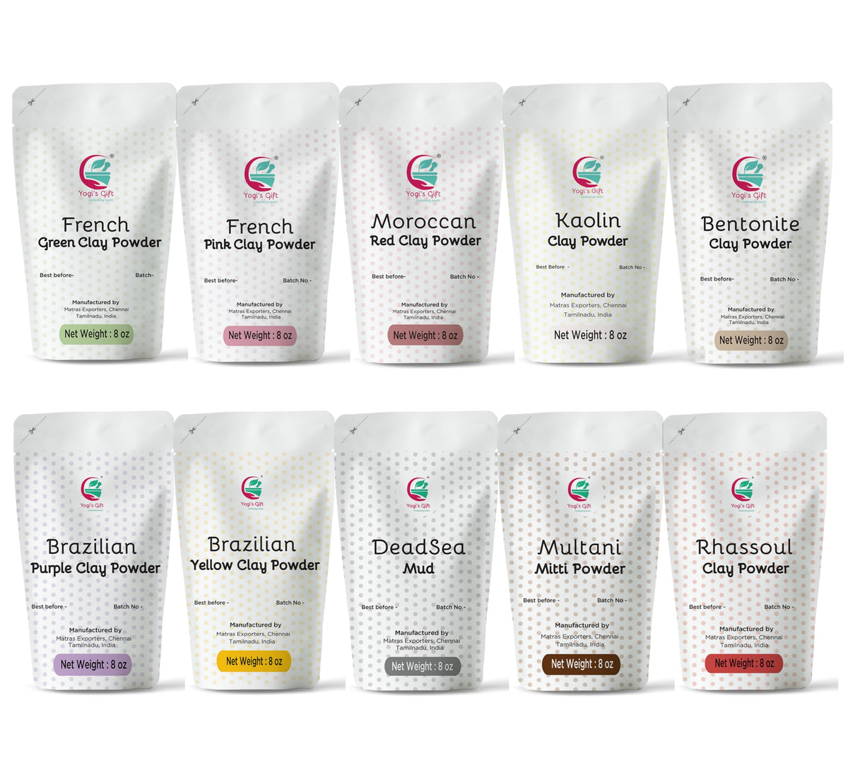 YOGI’S GIFT: pack de 10 arcillas de colores para cosmética, ideal para mascarillas creativas.