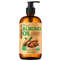 Aceite de almendras orgánico Yoken en botella de vidrio ámbar para conservar frescura.