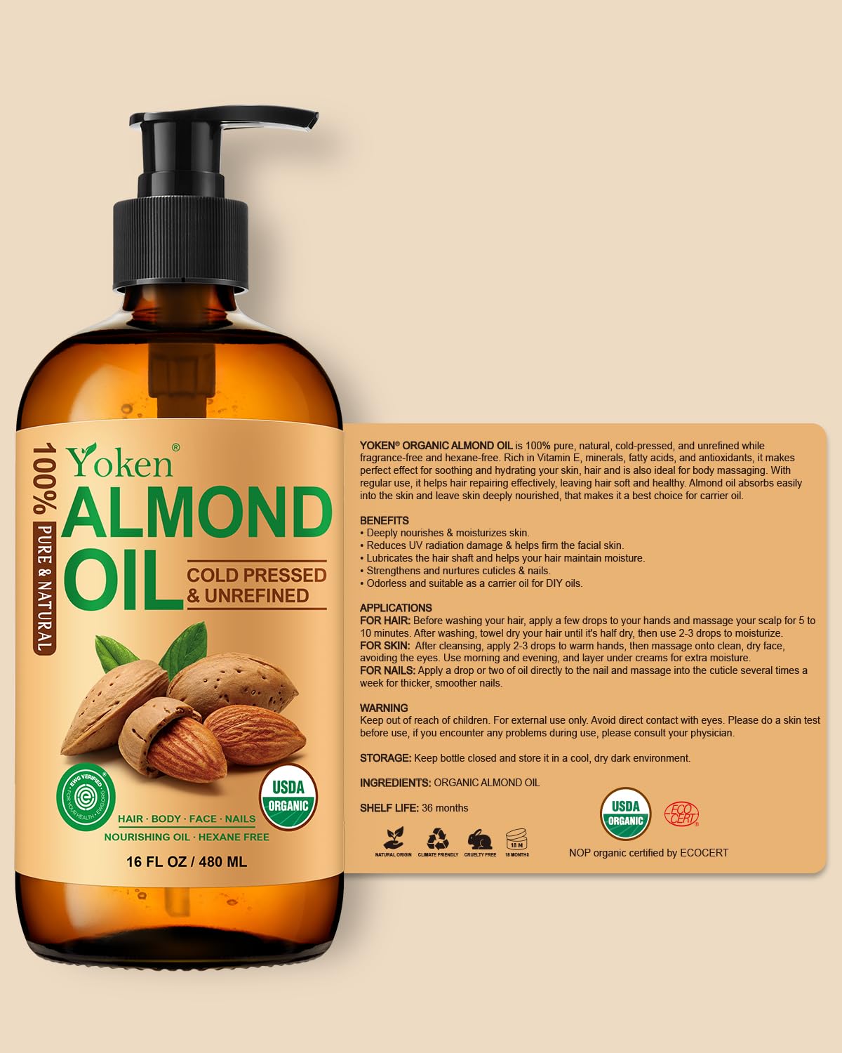 Yoken aceite de almendras orgánico uso diario para hidratación suave.
