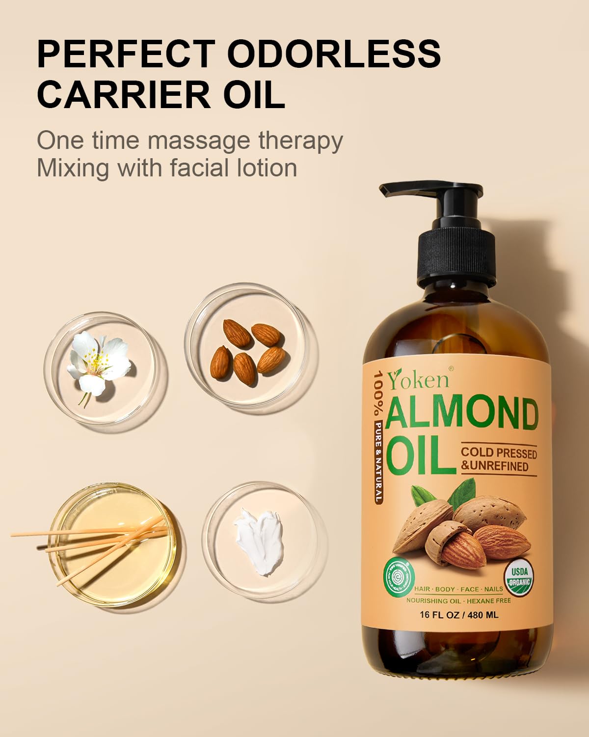 Yoken aceite de almendras orgánico ideal para masajes relajantes en casa.