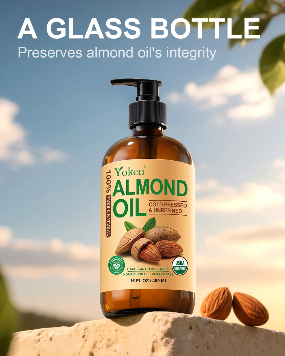 Yoken aceite de almendras orgánico como aceite portador para mezclar aceites esenciales.