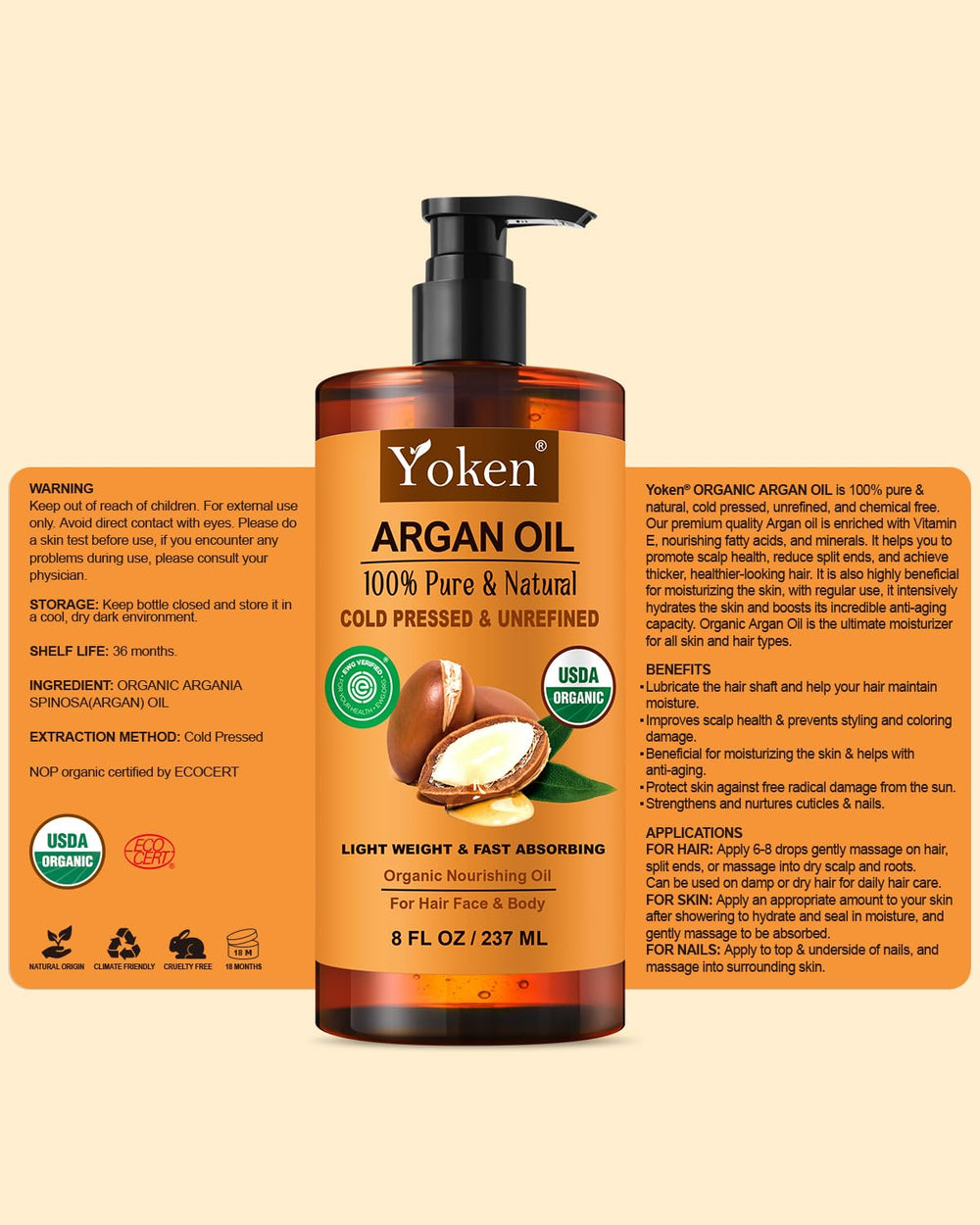 Yoken Aceite de Argán libre de químicos y sin fragancia