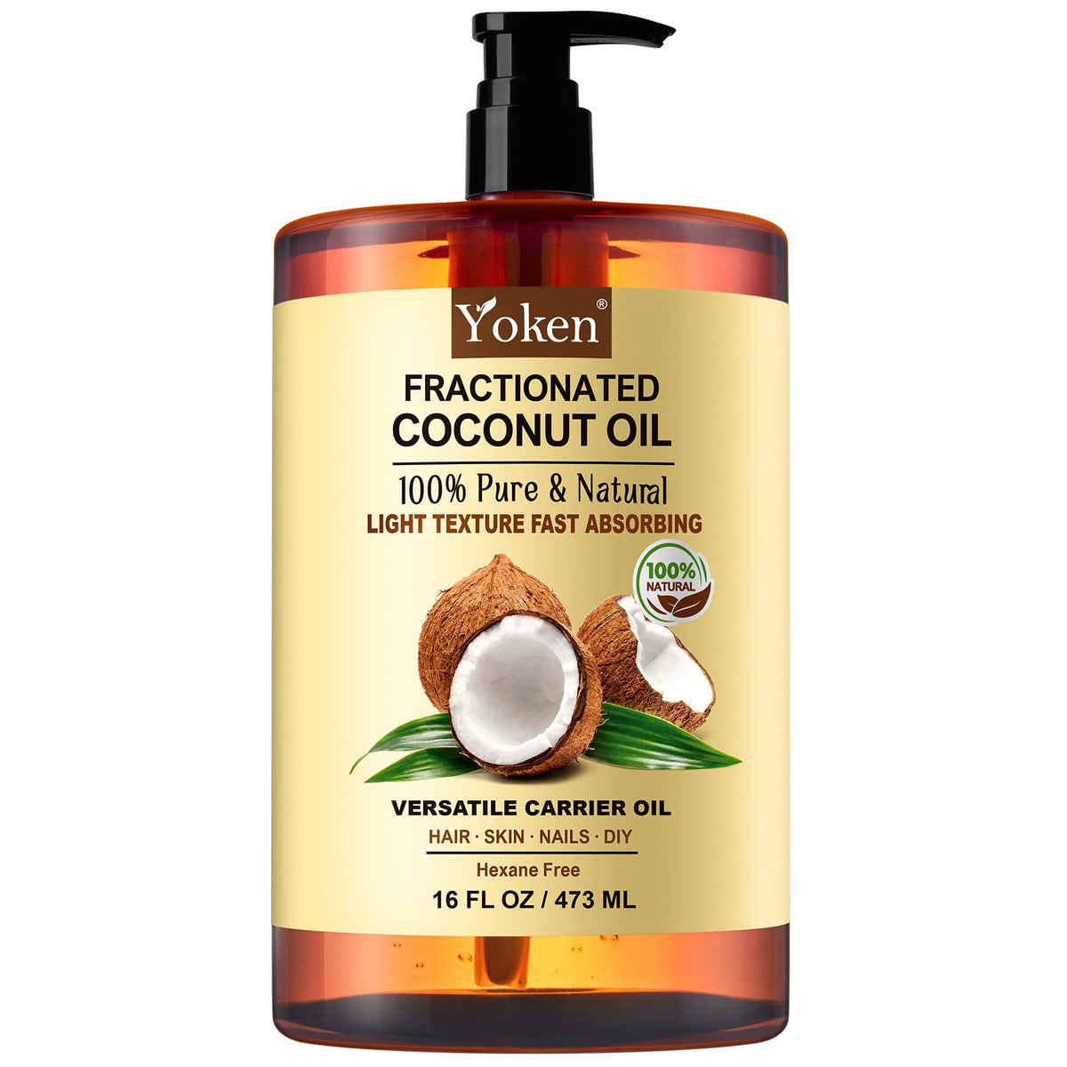 Yoken Aceite de Coco Fraccionado, botella 16 oz, puro y natural para hidratación diaria.