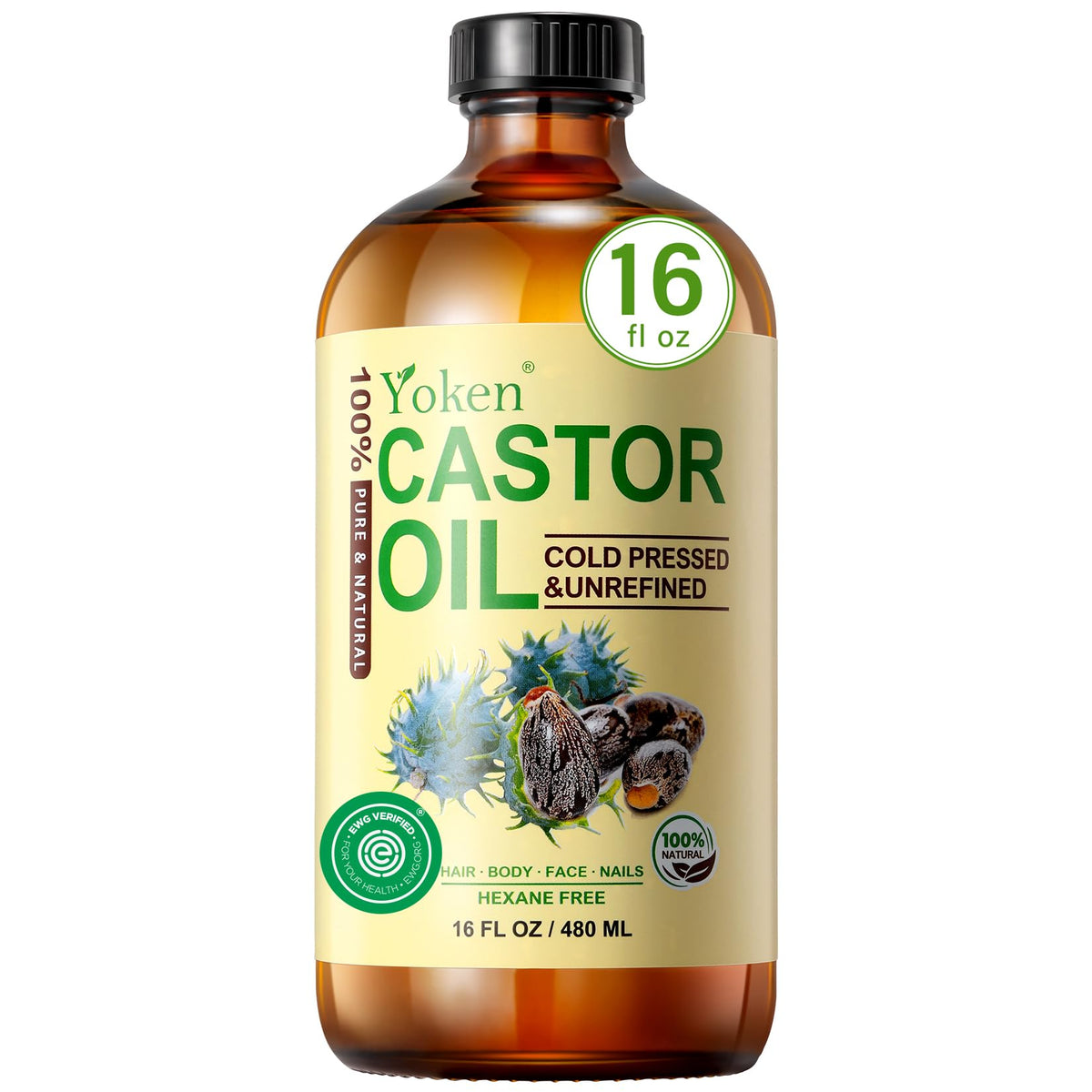 Aceite de Ricino Yoken en botella de vidrio ámbar de 16 oz para conservar nutrientes