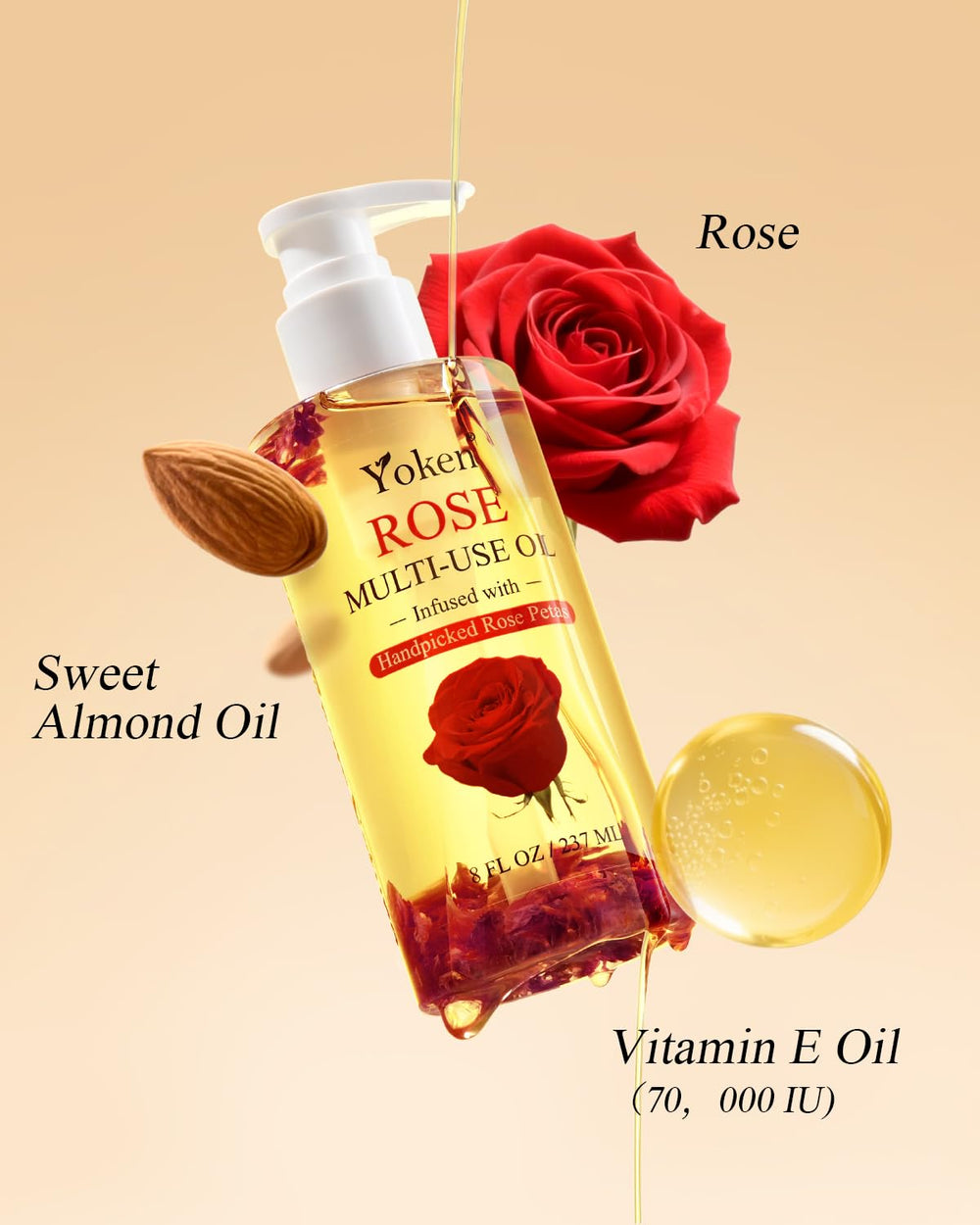 Yoken aceite multiuso con vitamina E y aceite de almendras para piel y cabello.